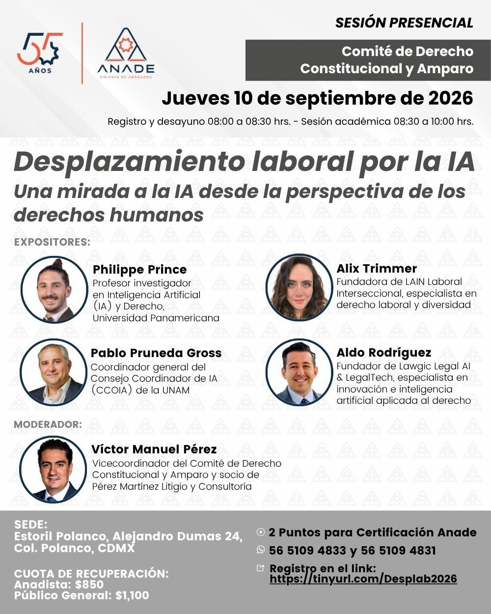 Cartel de la sesión Desplazamiento laboral por la IA, Comité de Derecho Constitucional y Amparo de ANADE, 10 de septiembre de 2026