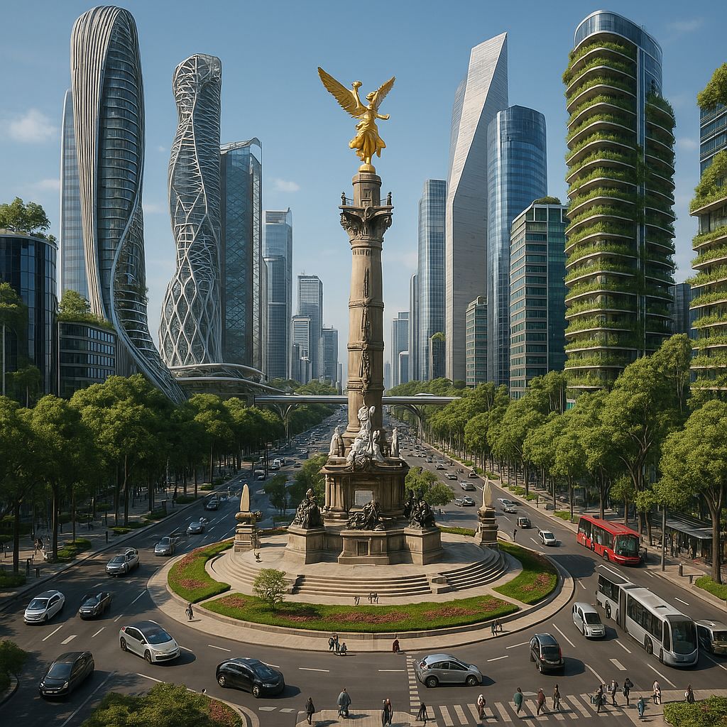 Obra CIUDAD DE MÉXICO 2100 generada con ChatGPT-4o: el Ángel de la Independencia rodeado de rascacielos verdes futuristas en Paseo de la Reforma