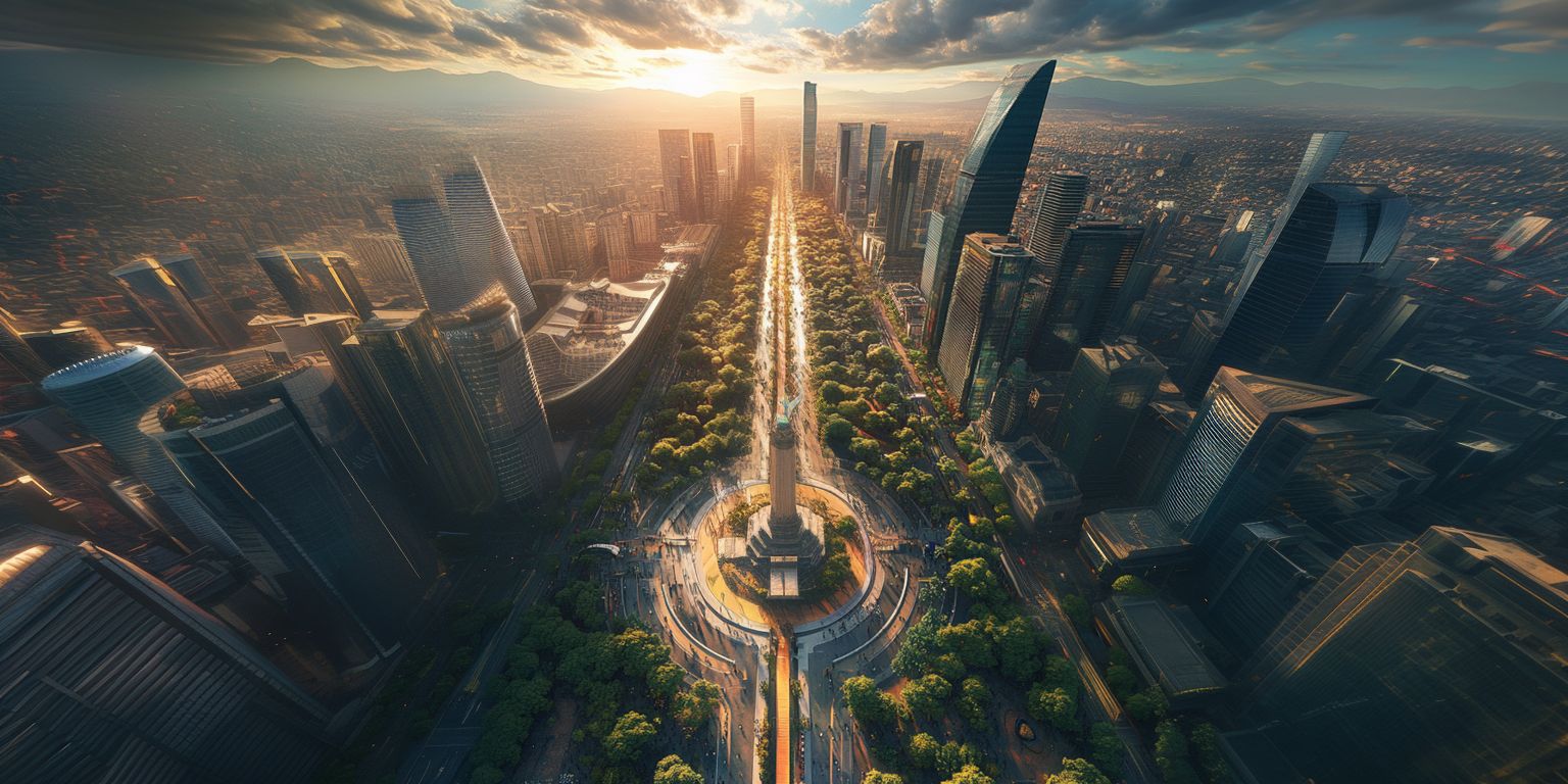 Obra MEXICO 2,100 generada con Midjourney: vista aérea de Paseo de la Reforma al año 2100